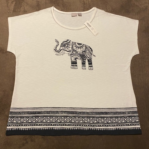 Chico's White and Black Elephant Print Short Sleeve Tee - Picture 2 of 5